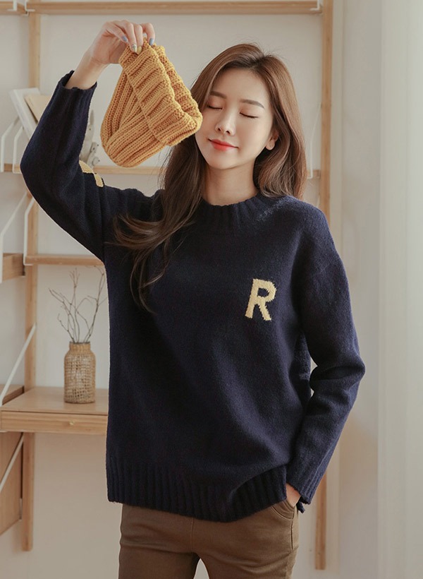 韓國配色R字口袋裝飾袖針織衫