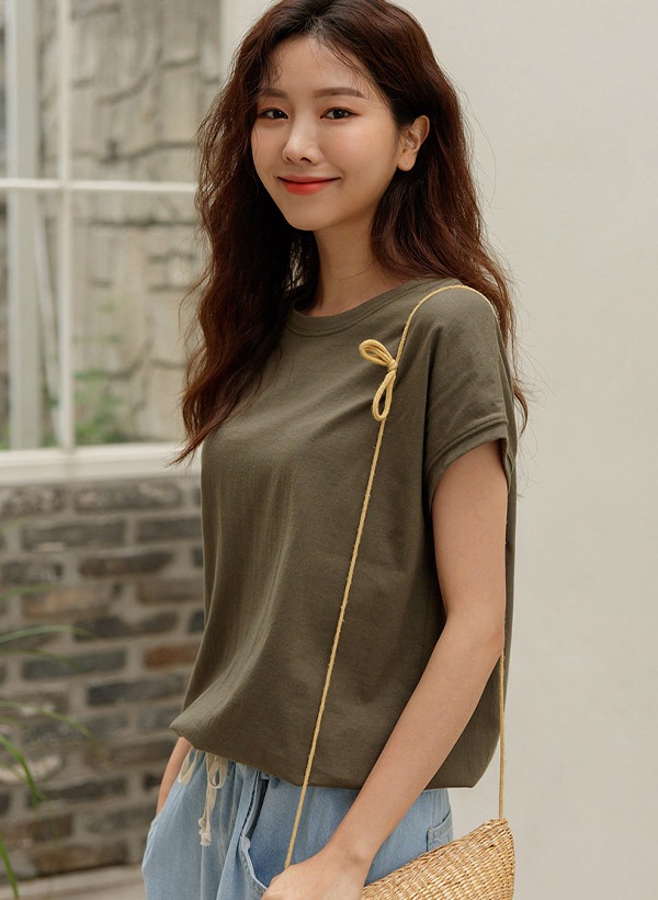 韓國圓領蓋袖鬆緊襬純色T恤
