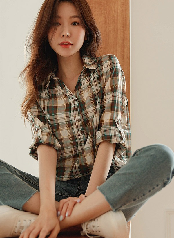 韓國可反摺設計半排釦格紋襯衫