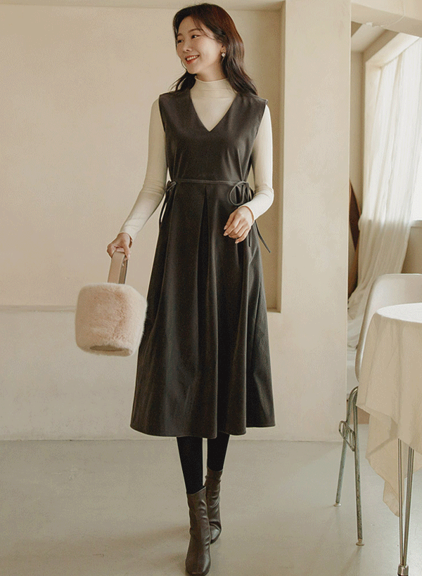 韓國高領針織衫天鵝絨背心洋裝套裝