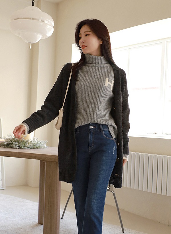 韓國混羊毛V領中長版針織外套