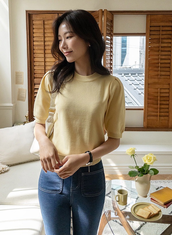 韓國甜美泡泡袖短袖針織衫