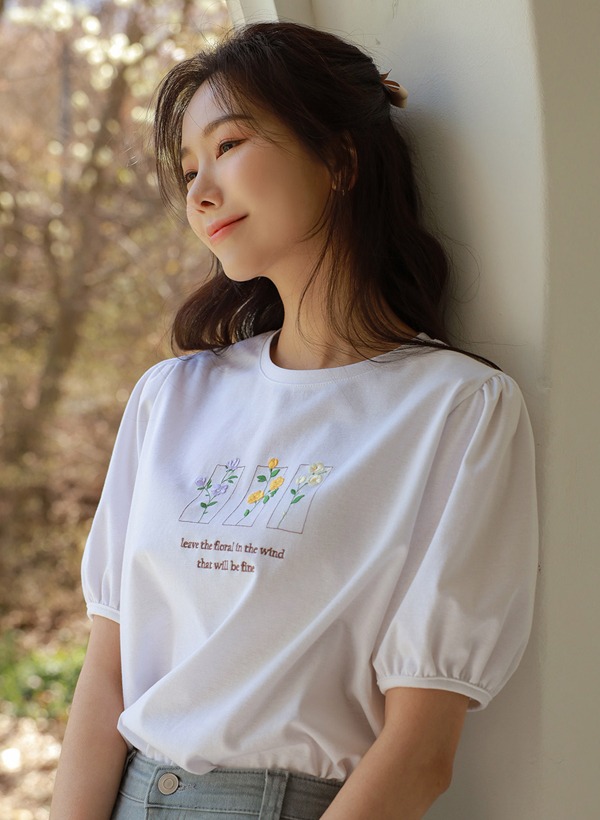韓國花朵刺繡泡泡短袖T恤