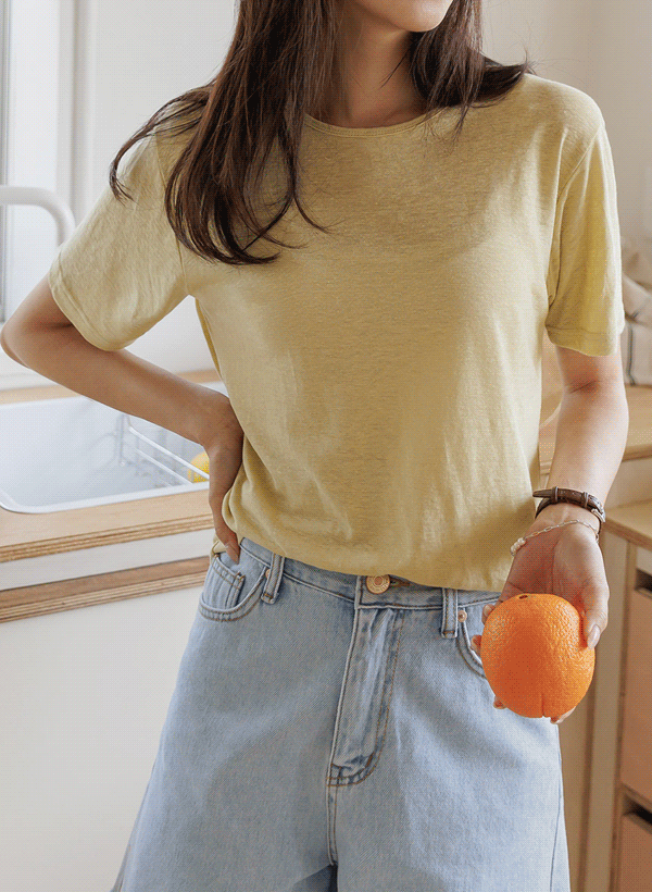 韓國混亞麻圓領素色短袖T恤