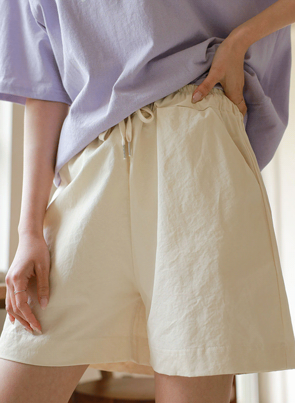 韓國棉質素色鬆緊抽繩四分褲