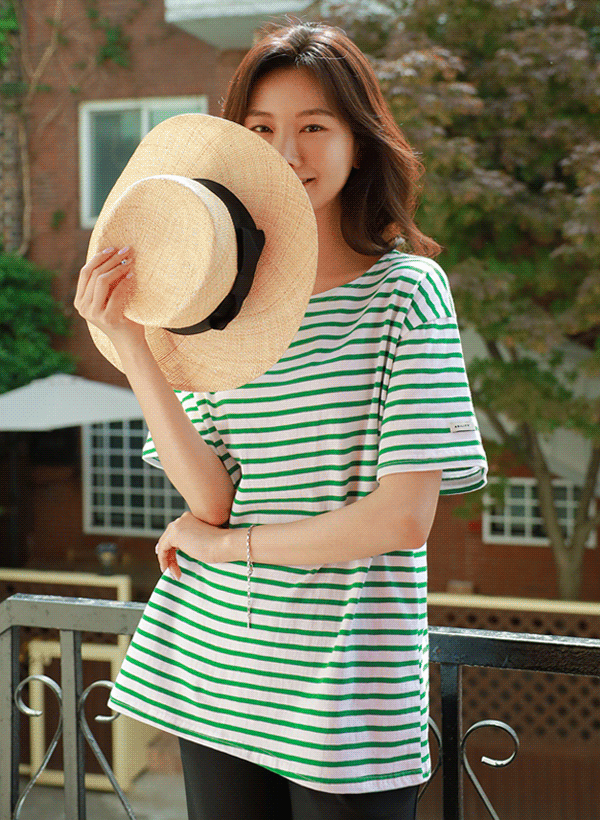 韓國標籤裝飾袖棉質條紋T恤