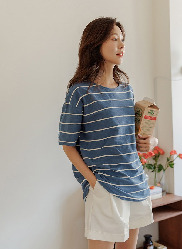 韓國微立體橫條紋竹節紋T恤