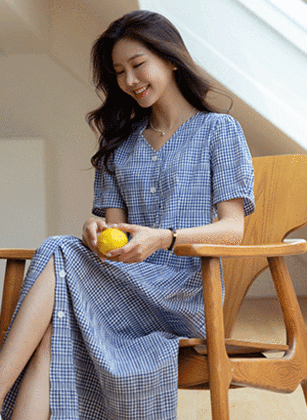 韓國泡泡紗袖格子連身洋裝