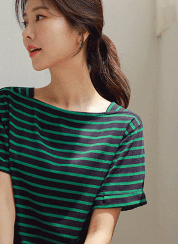 韓國圓領捲邊撞色橫條紋短袖T恤