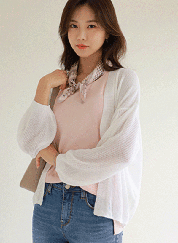 韓國針織泡泡袖圈紗開襟罩衫