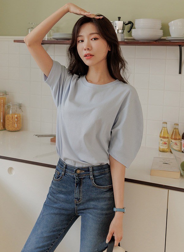韓國素面圓領泡泡袖T恤