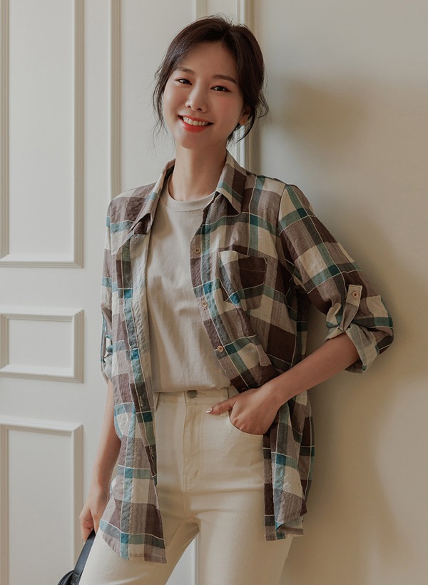 韓國秋季色感反摺袖格紋襯衫