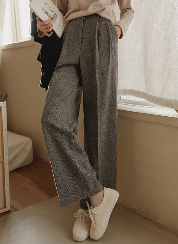 韓國刷毛細格紋壓褶西裝寬褲