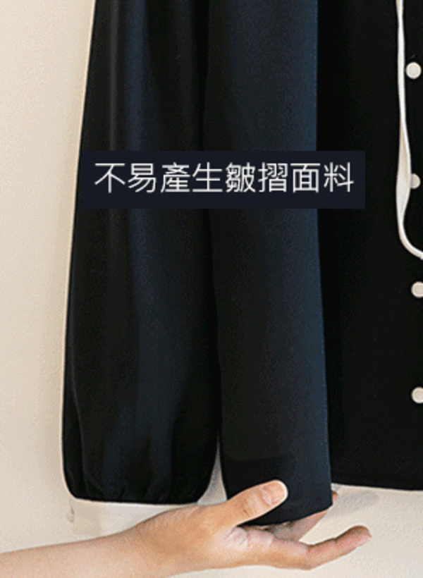 韓國配色設計領口綁帶排釦上衣