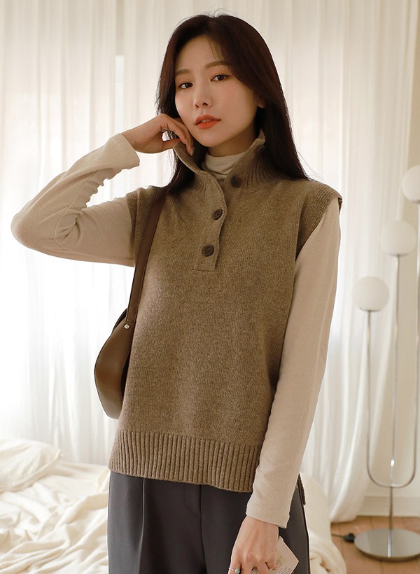 韓國高領半排釦混羊毛針織背心