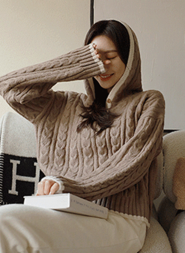 韓國配色連帽半排釦麻花針織衫