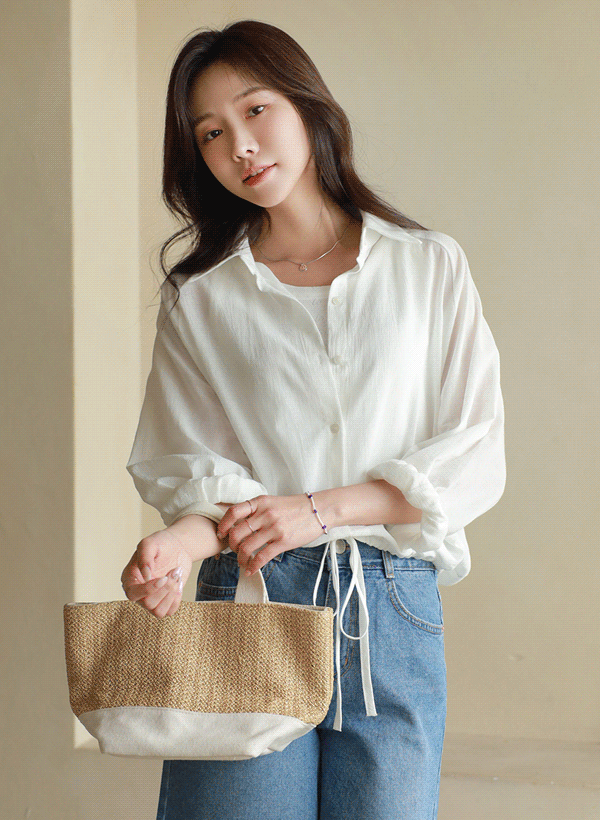韓國輕量亞麻抽繩襬純色襯衫