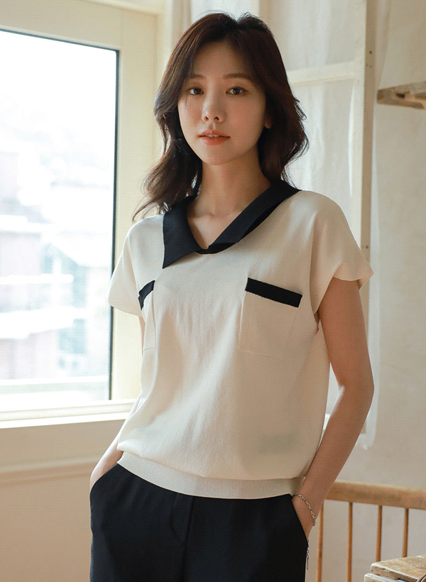 韓國配色設計翻領蓋袖針織衫