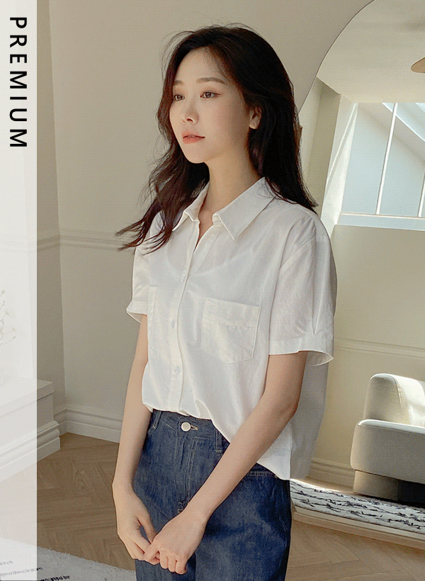 韓國雙口袋泡泡短袖棉麻襯衫