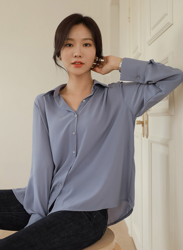韓國同色排釦背部抓皺襯衫